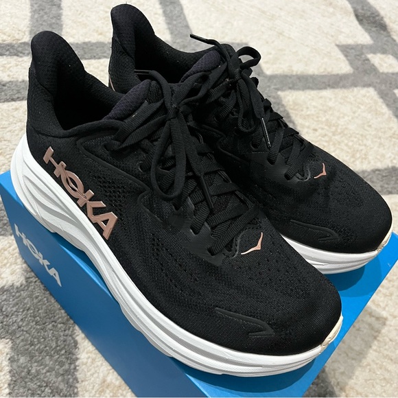 Hoka One One Clifton 10 Shoes Women 7.5 Black Rose Gold Athletic Running Sneaker - Picture 2 of 8